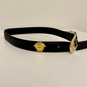 Versace Black Belt with Gold Medusa Emblem